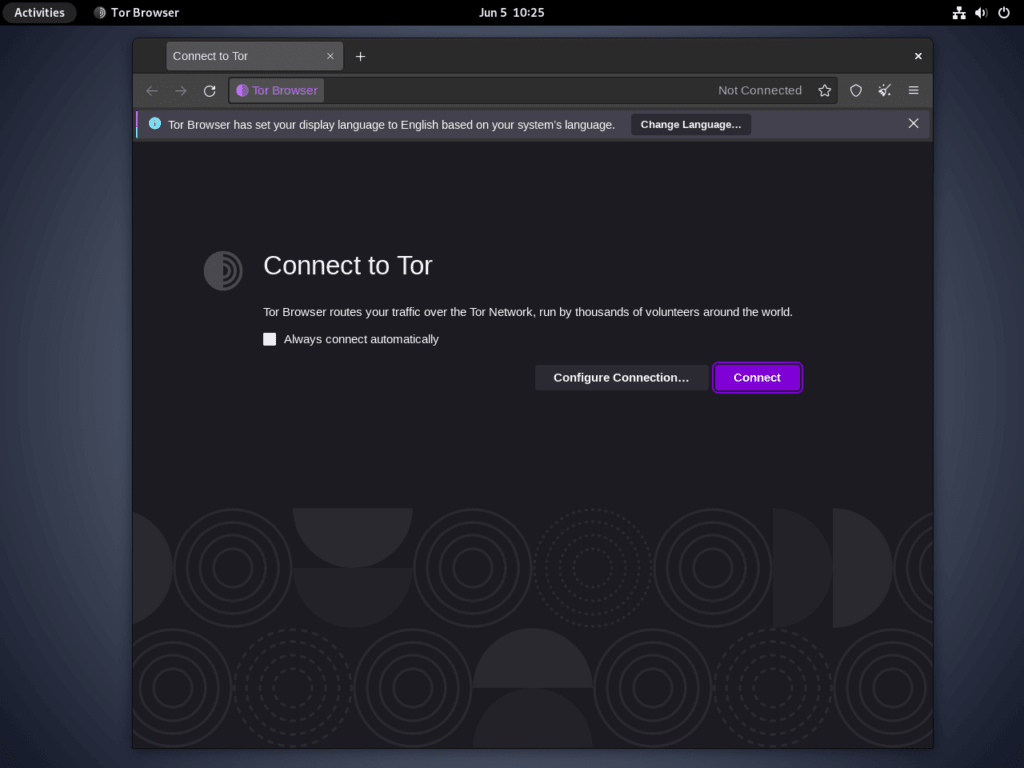 Connecting to Tor Browser's default user interface on Debian Linux.