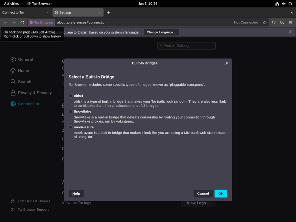 Tor Browser's bridge settings options displayed on Debian Linux.