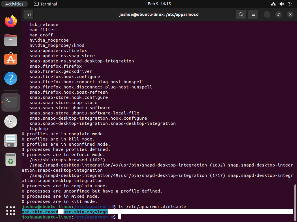 list profiles disable on apparmor on ubuntu 22.04 or 20.04 lts