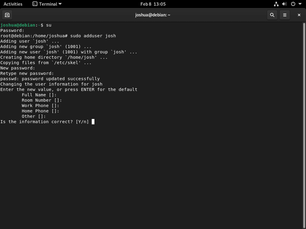 Screenshot displaying a new user's details correctly added on Debian.