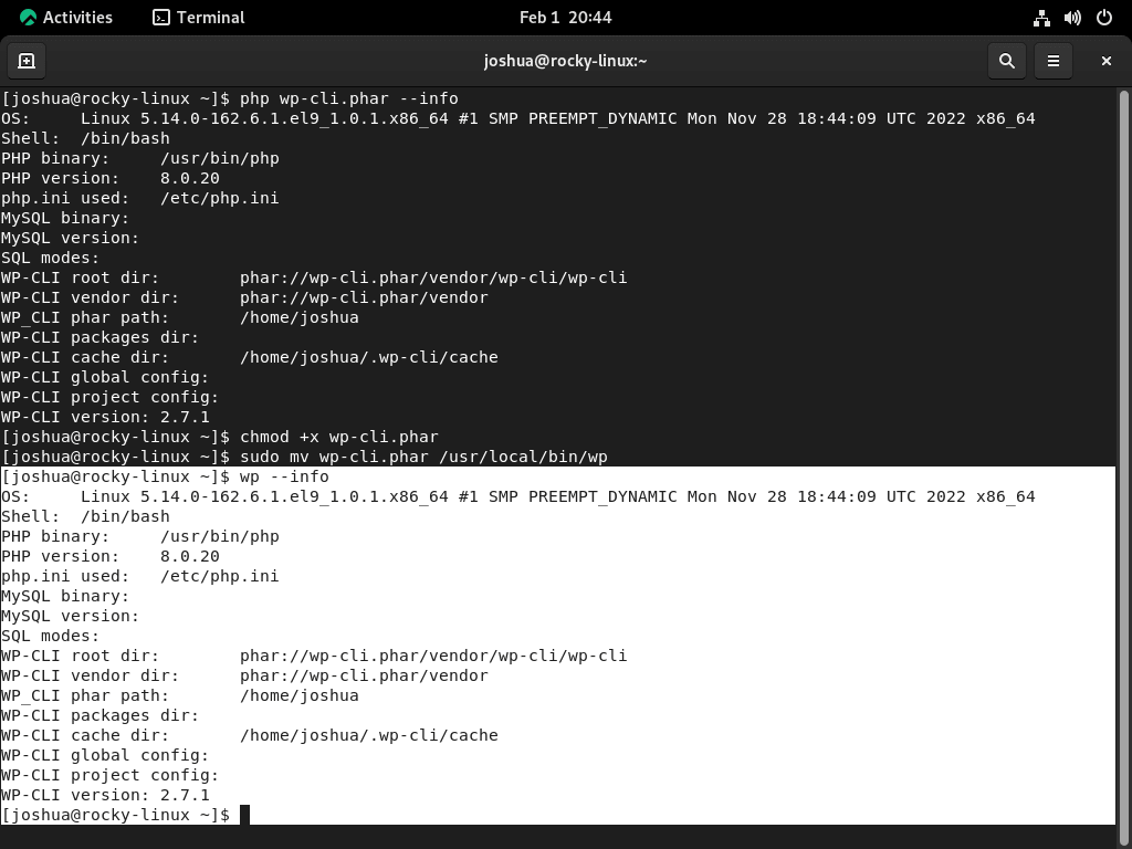 wp-cli info output to confirm installation on linux