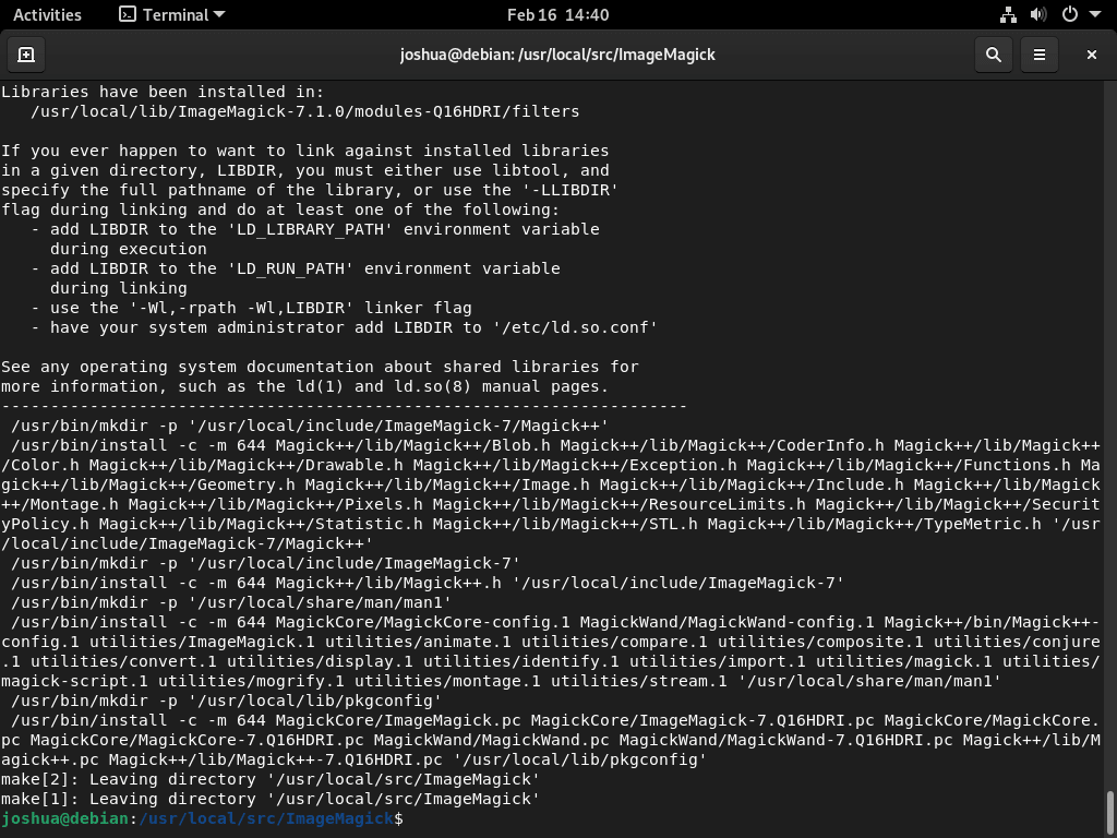 Screenshot of 'make install' command output for ImageMagick installation on Debian 12, 11, or 10.