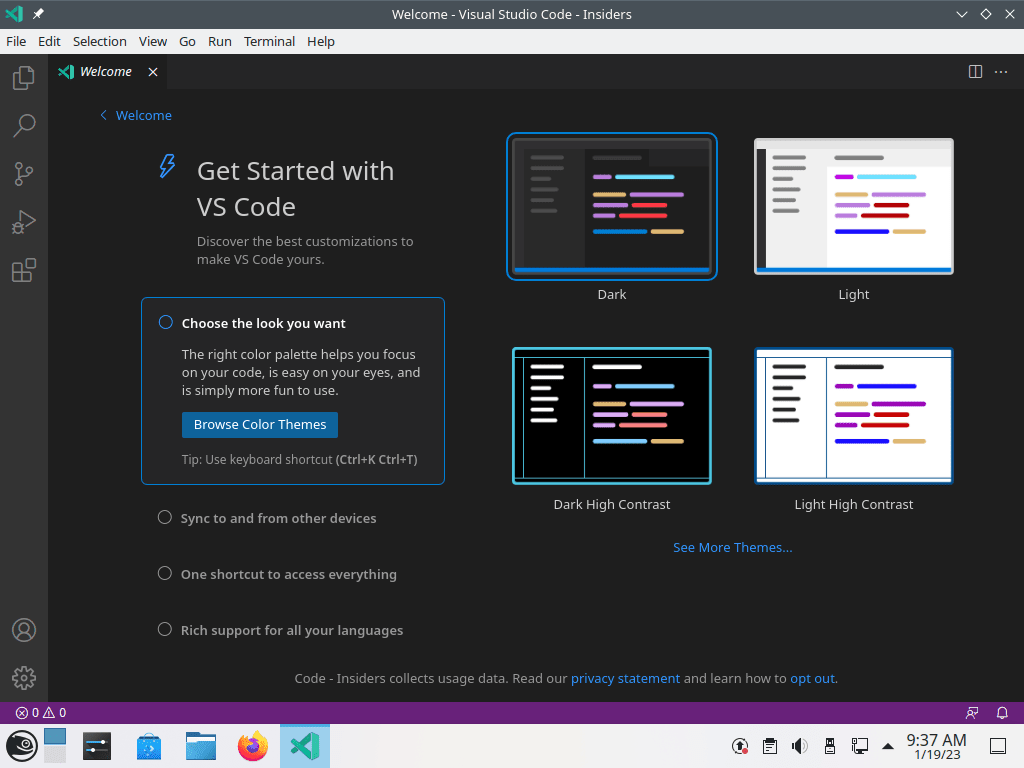 example of visual studio code insiders launched on opensuse leap or tumbleweed