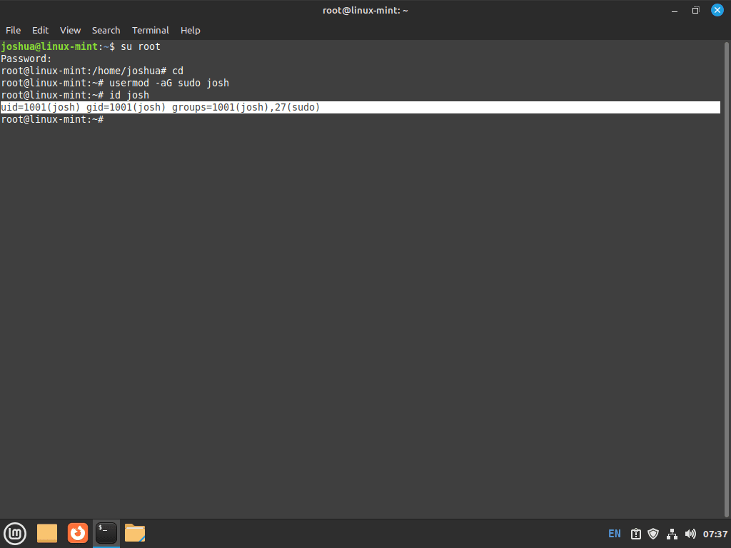 id command to check sudo added to new user on linux mint 21 or 20