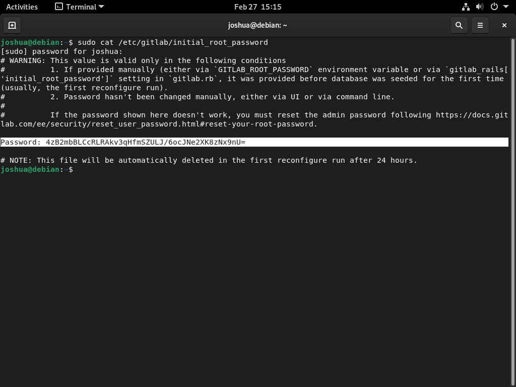 Screenshot displaying GitLab's temporary password in terminal on Debian Linux.