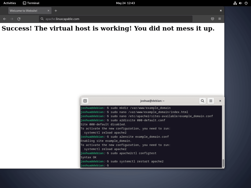 Screenshot of a functioning VirtualHost with a test index page for Apache on Debian Linux.