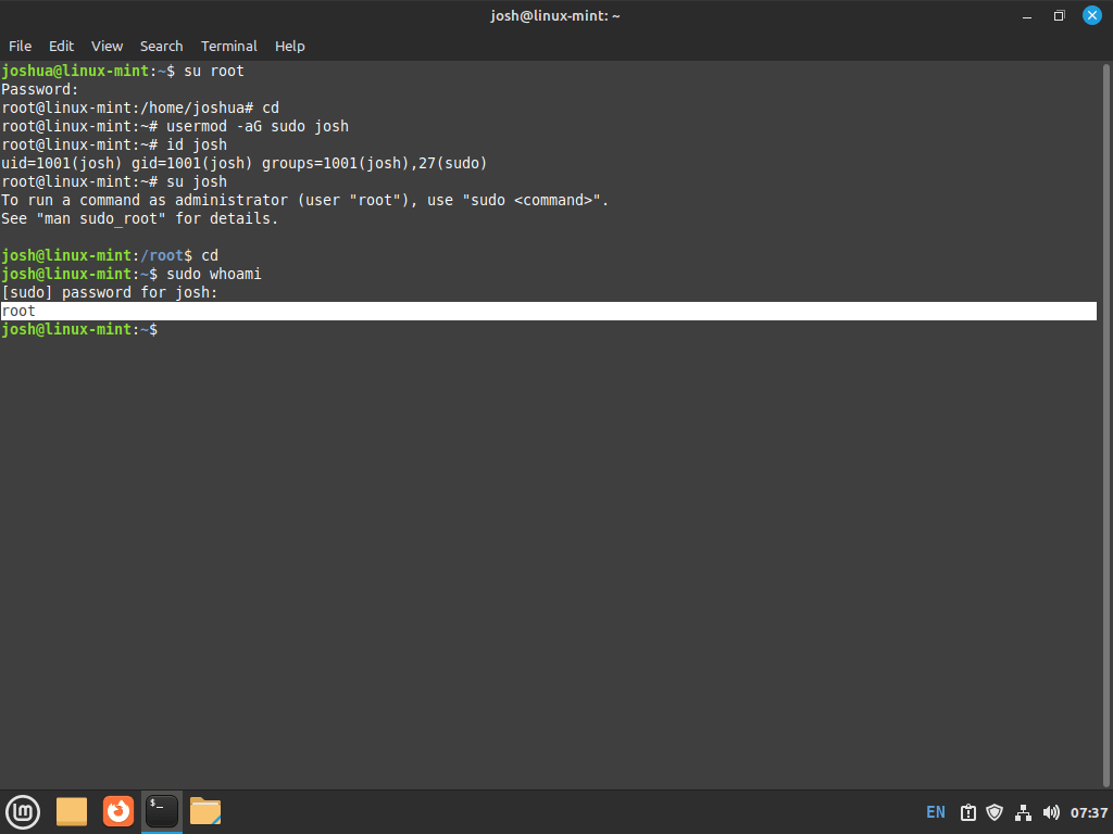 whoami command to confirm sudo added to new user on linux mint 21 or 20