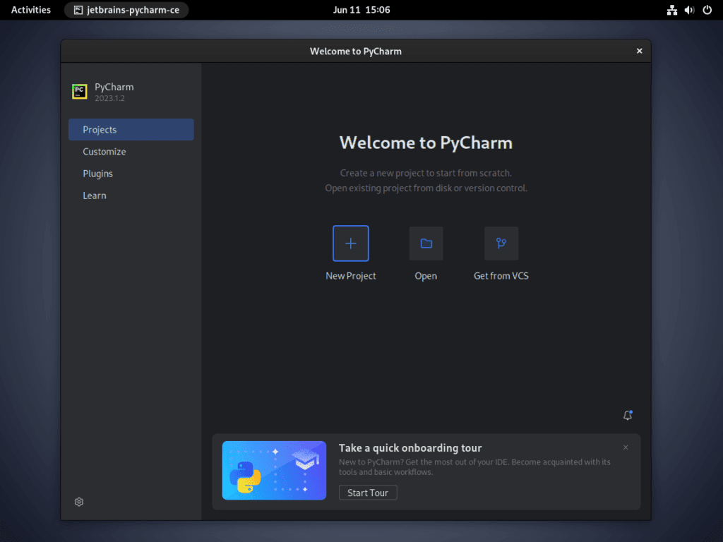 Screenshot of the default PyCharm Community user interface on Debian Linux.