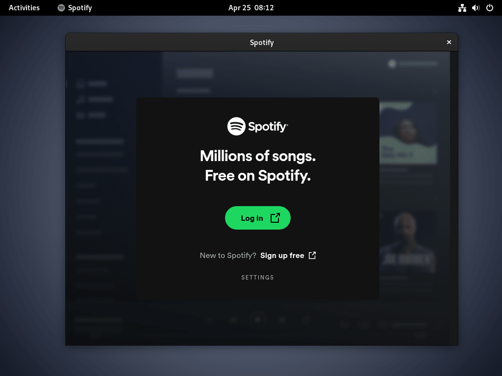 Screenshot of the successful login page of Spotify on Debian Linux.