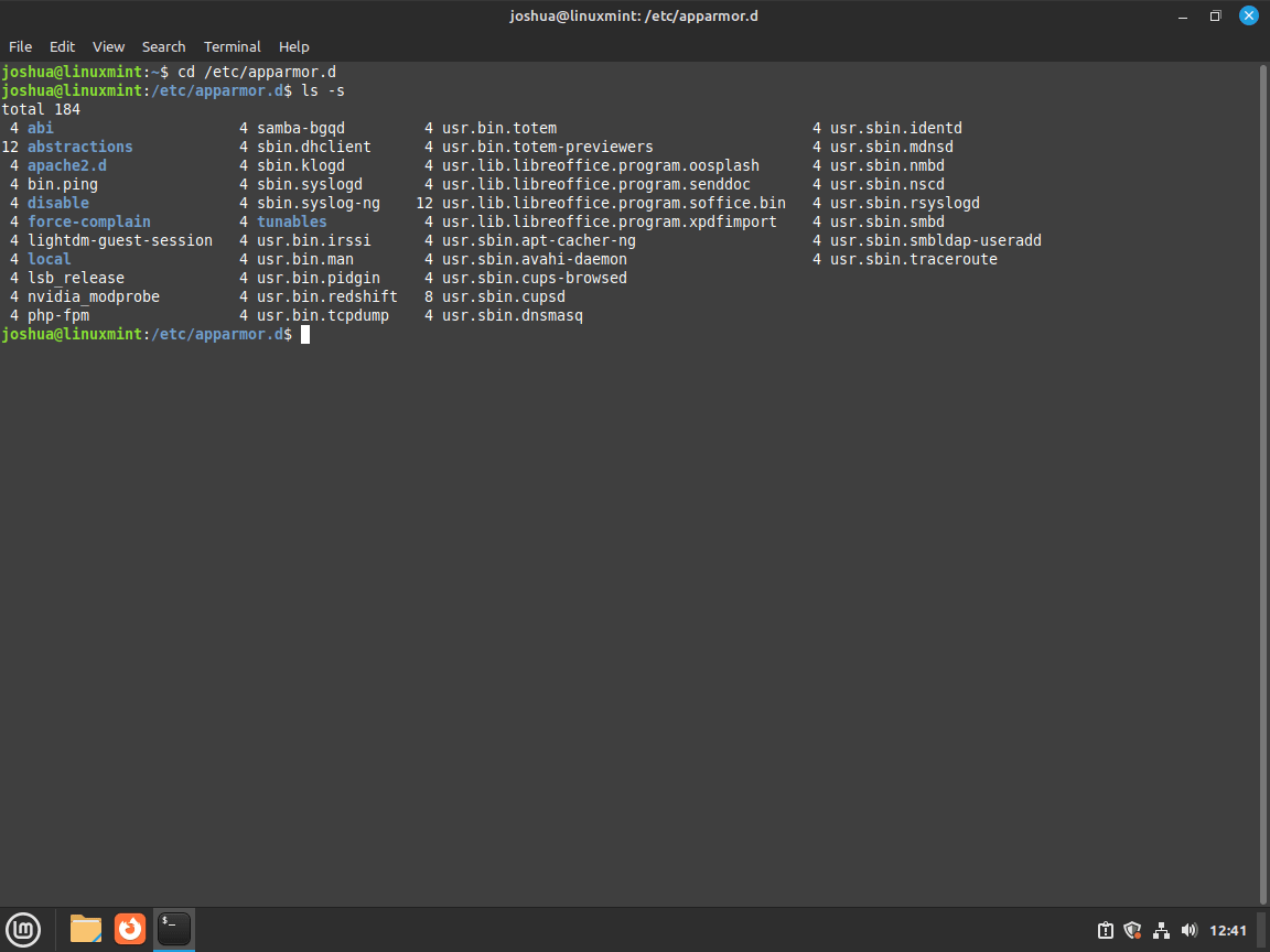 example of profiles in directory for apparmor on linux mint