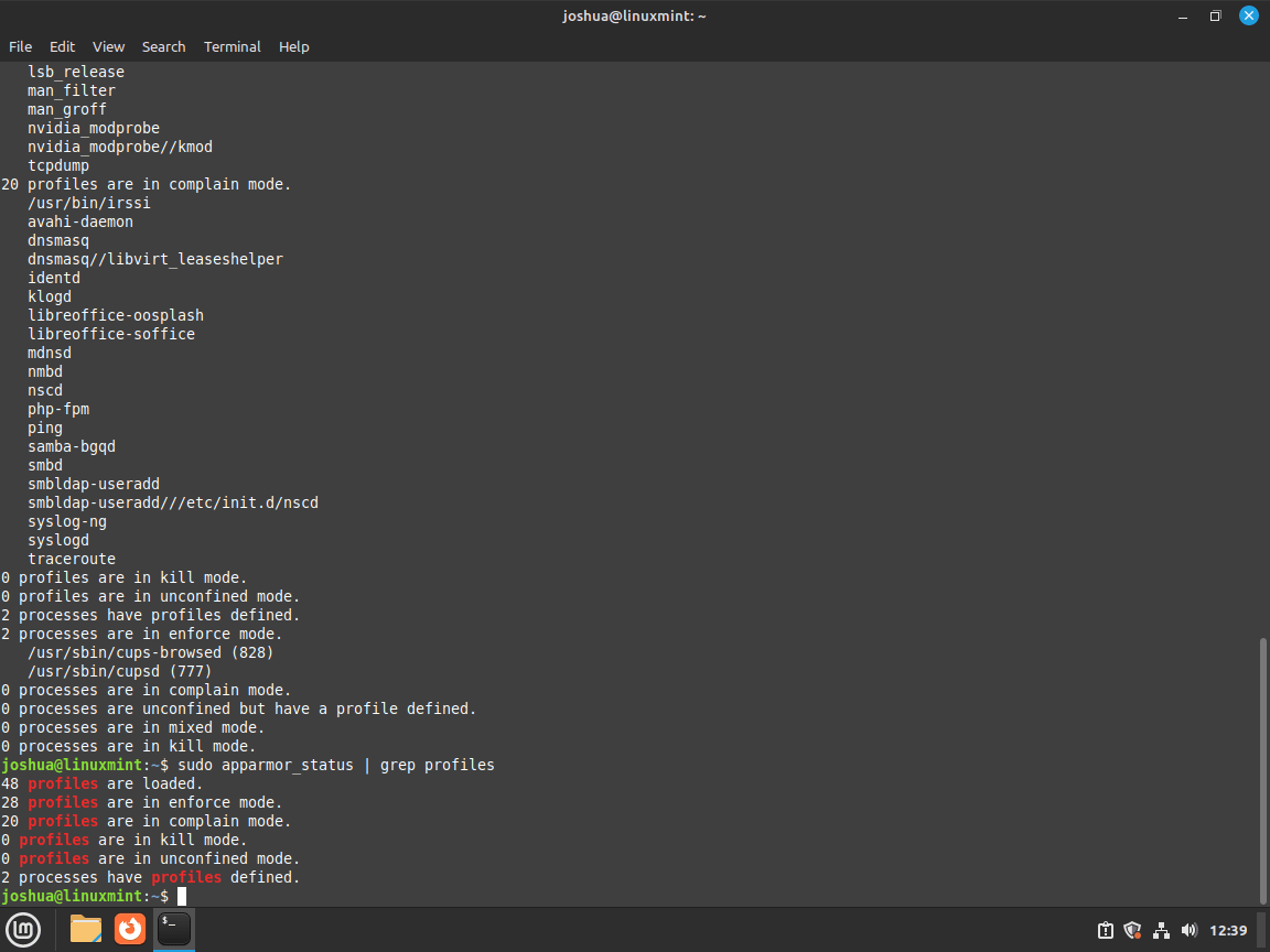 example or profiles loaded with apparmor on linux mint