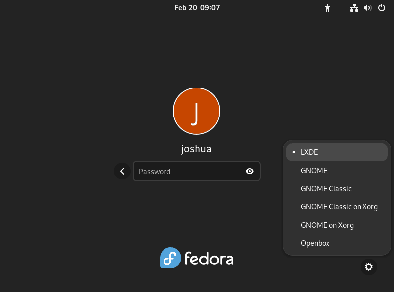 change to lxde environment on login for fedora linux