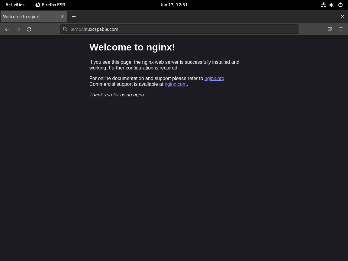 example nginx test page during lemp install on debian linux