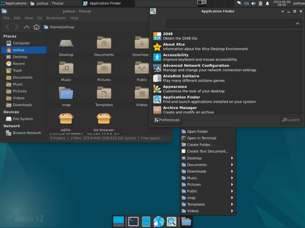 General screenshot of Xfce desktop environment in dark theme on Debian Linux.
