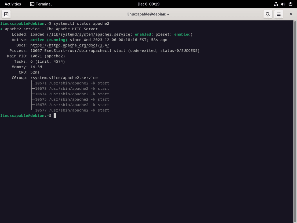 Apache2 Service Status on Debian for WordPress