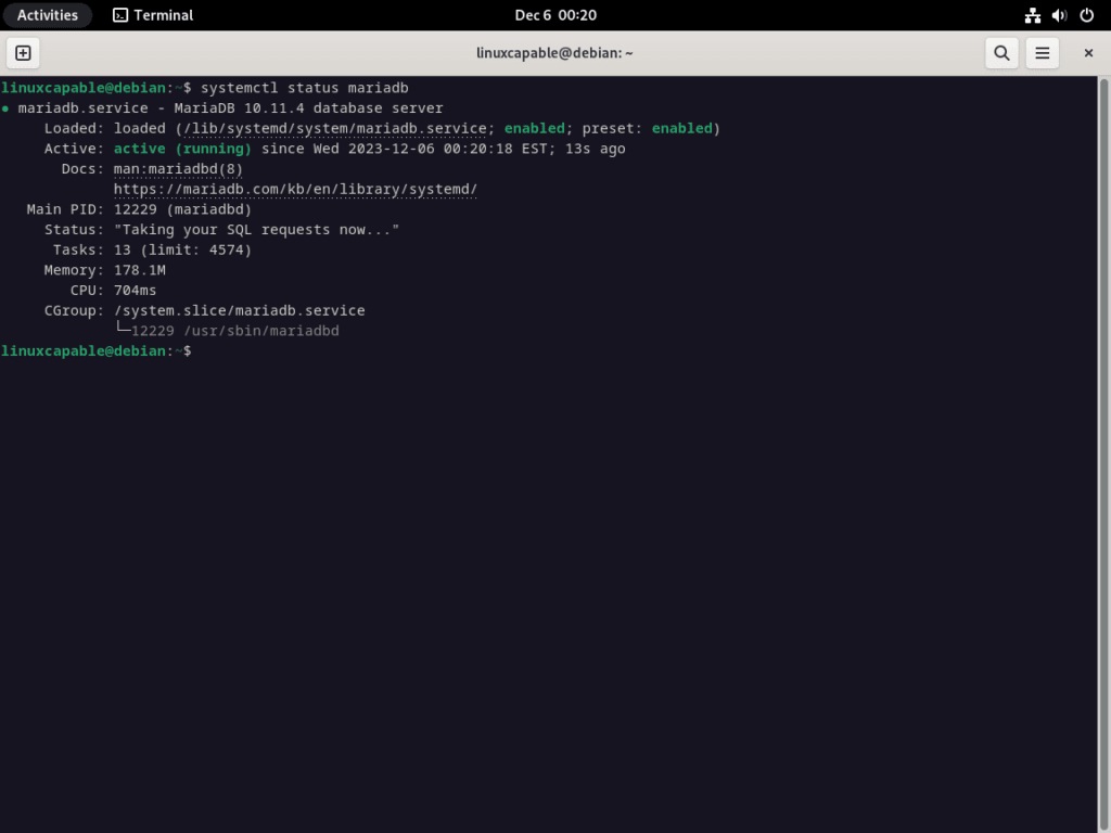 MariaDB Service Status for WordPress on Debian