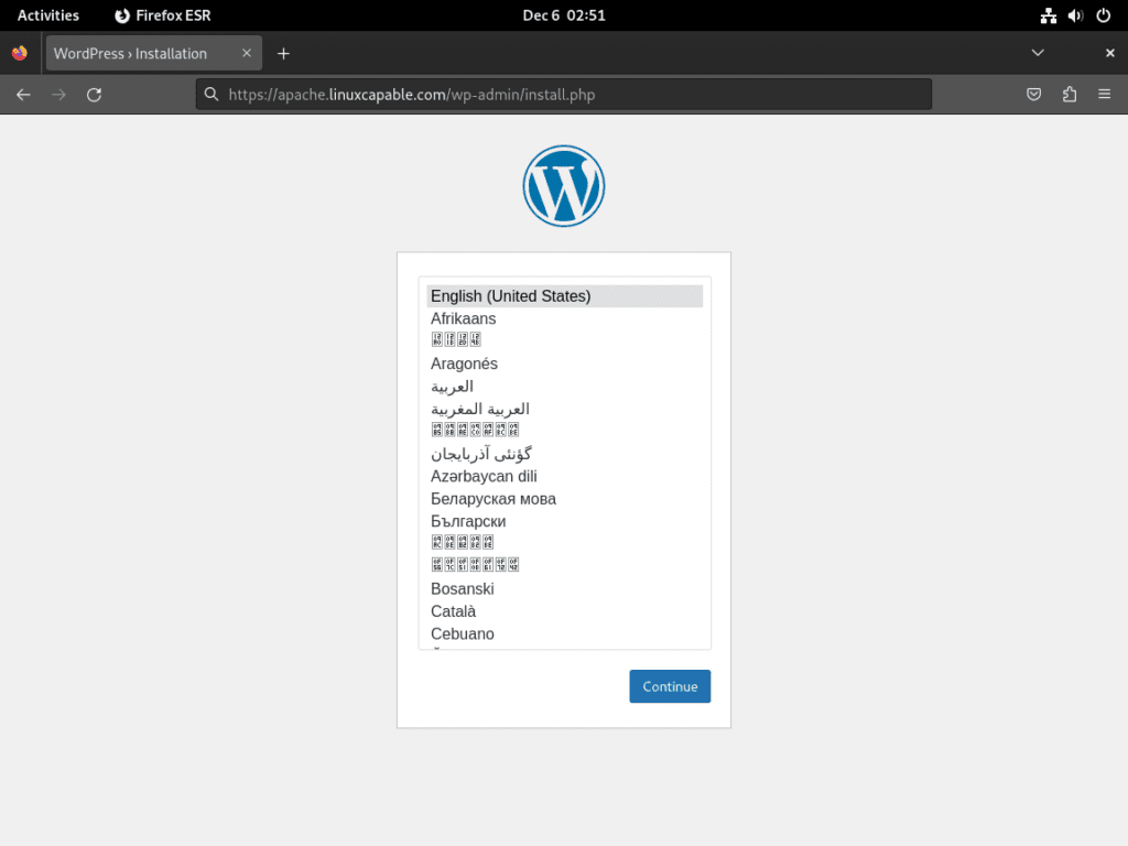 Selecting Language in WordPress Installation on Debian