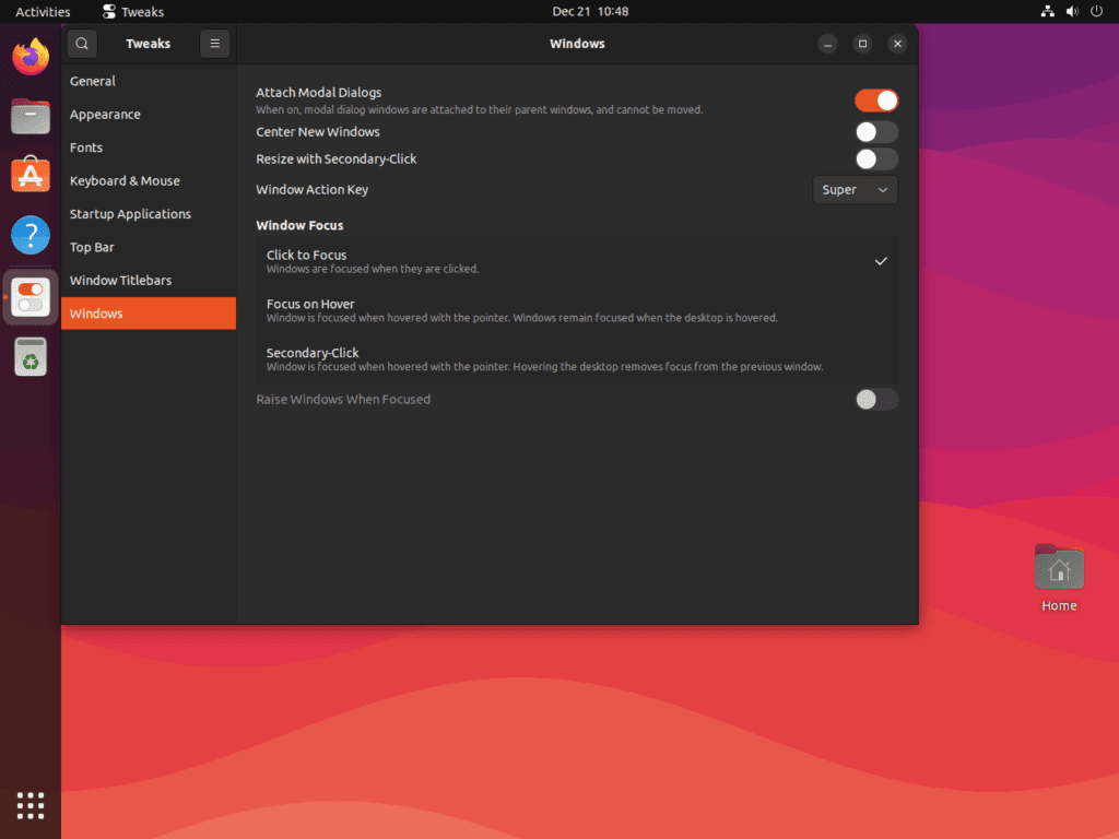 Windows customization options in GNOME Tweaks on Ubuntu