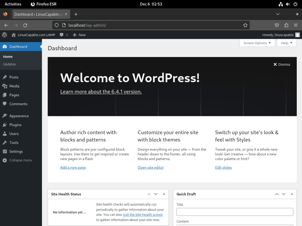 WordPress Admin Dashboard on Debian LAMP
