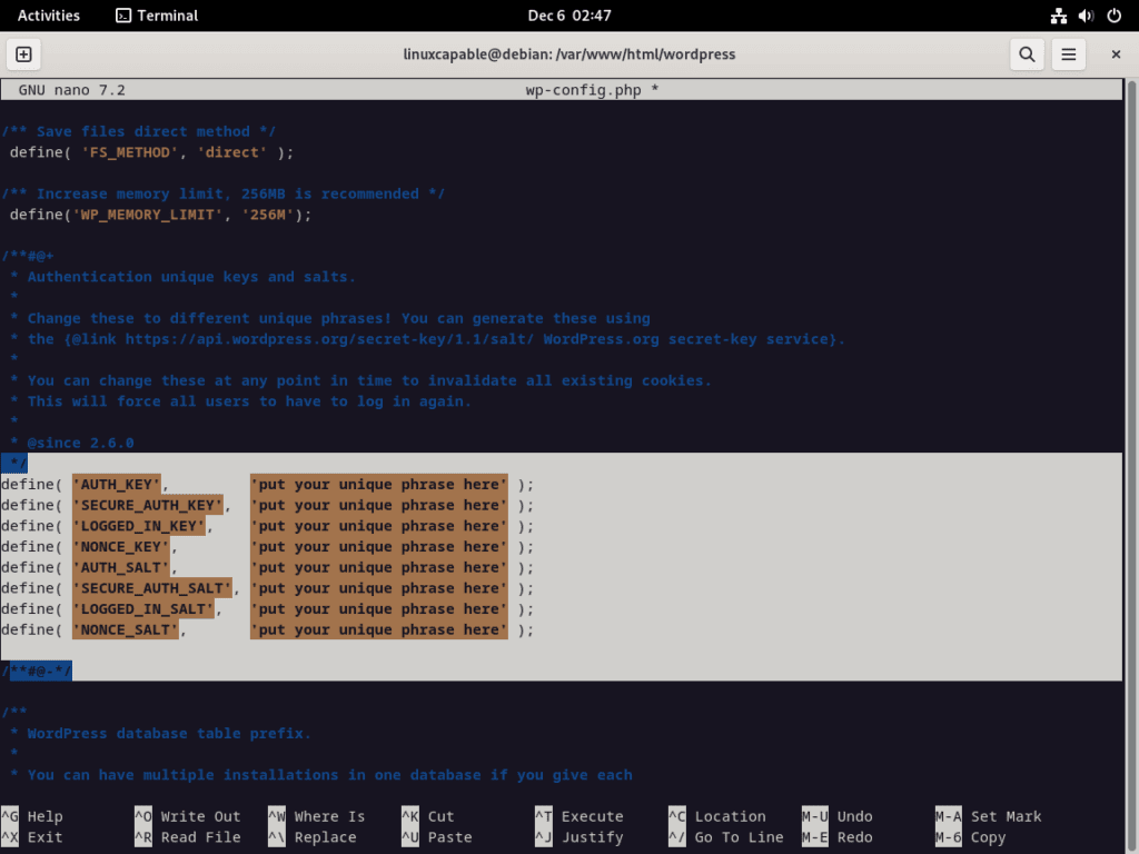Updating WordPress Salt Keys on Debian