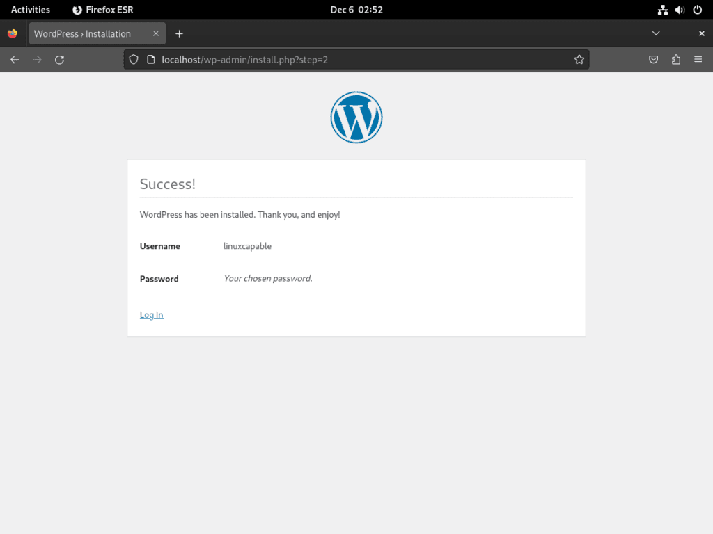 WordPress Installation Complete on Debian LAMP