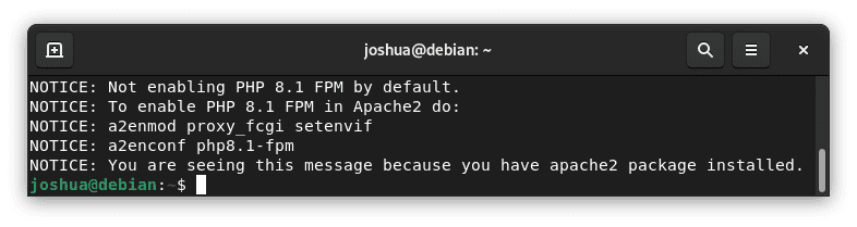 Screenshot showing PHP 8.1 FPM not enabled by default with Apache on Debian Linux, requiring manual configuration.