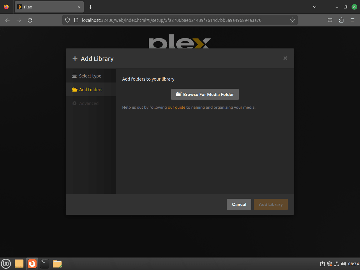add folders to plex media server for new library on linux mint