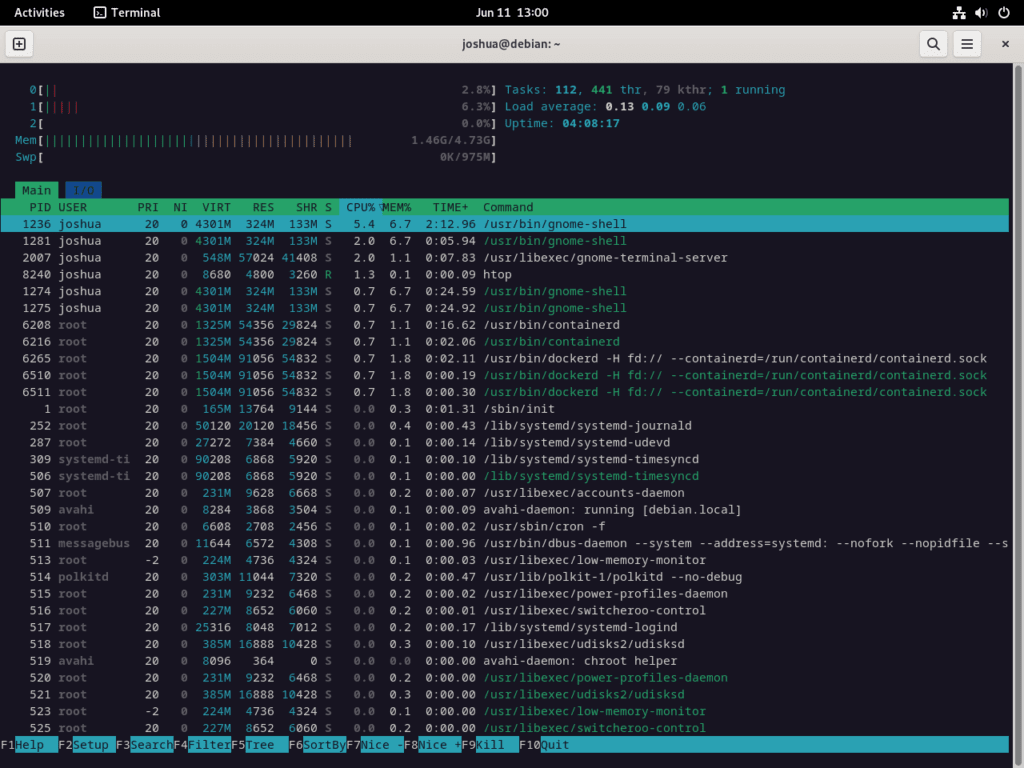Screenshot showcasing Htop's interface on a Debian 12, 11, or 10 Linux system.
