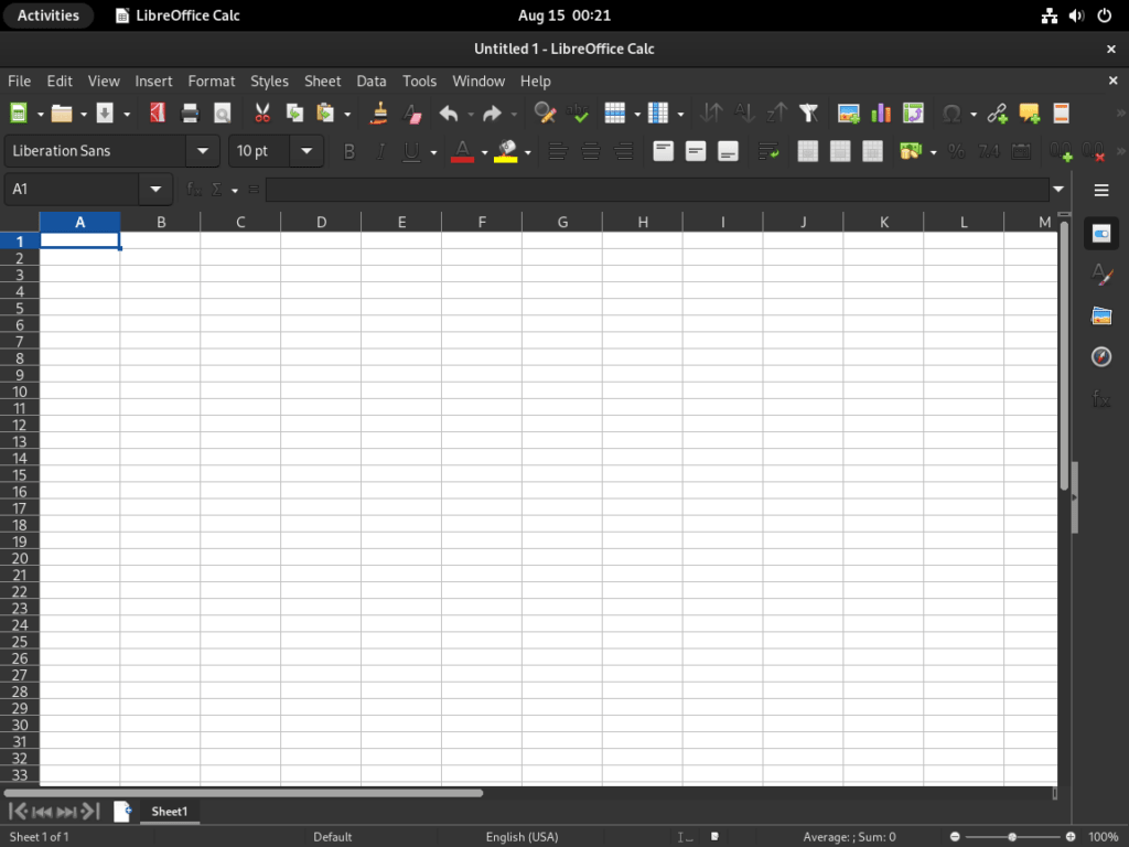 Default user interface of LibreOffice Calc on Debian Linux.