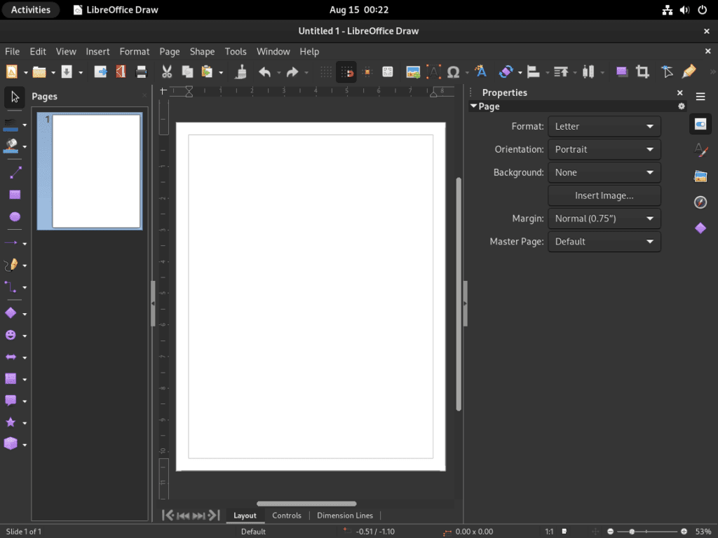 Default user interface of LibreOffice Draw on Debian Linux.