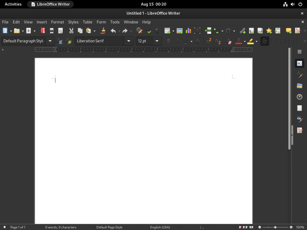 Default user interface of LibreOffice Writer on Debian Linux.