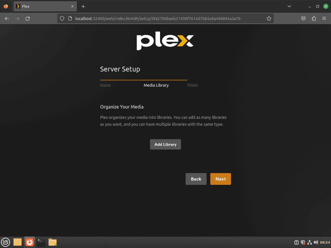 example of media library first time setup for plex media server on linux mint