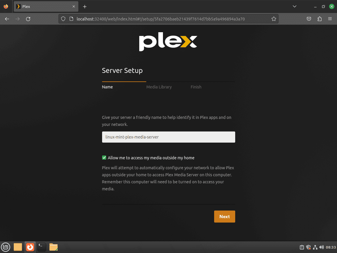 example of naming your plex media server and allowing or not outside access on linux mint