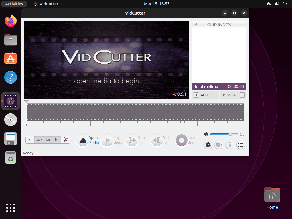 Screenshot of a successfully installed VidCutter application on Ubuntu 22.04 or 20.04 LTS.