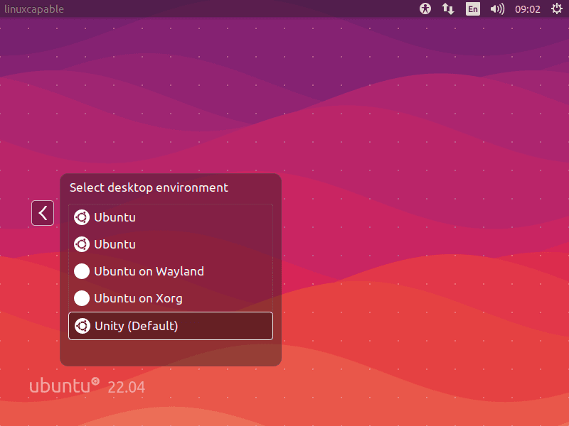 User selecting Unity as the preferred desktop environment on Ubuntu 22.04 or 20.04 installation setup.