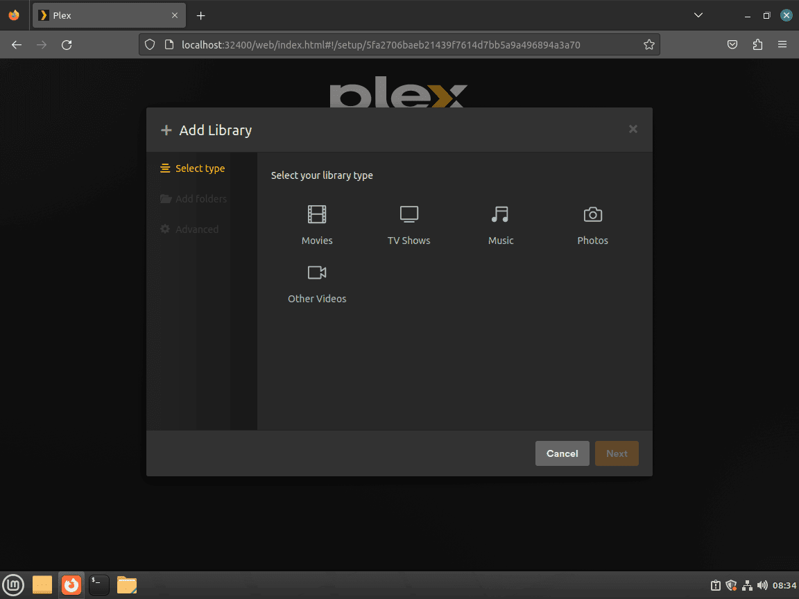 select a type for new library on plex media server on linux mint