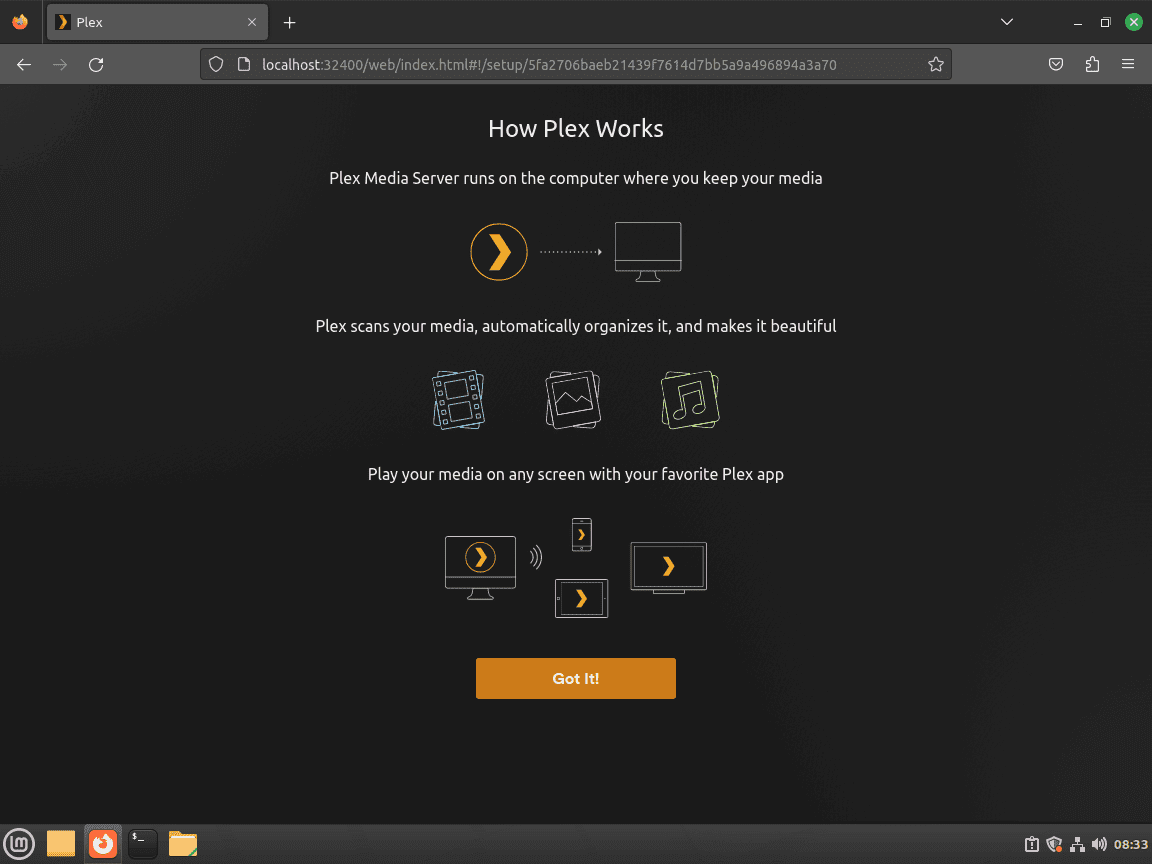 welcome to plex first time message when setting up plex media server and linux mint
