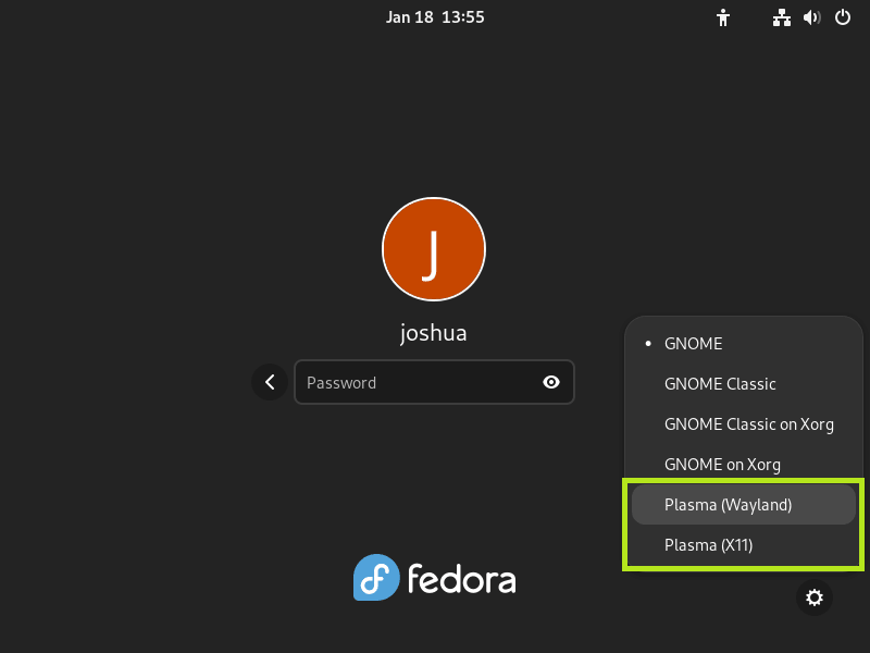 Screenshot showing options to select Plasma (Wayland) or Plasma (X11) at Fedora Linux login.