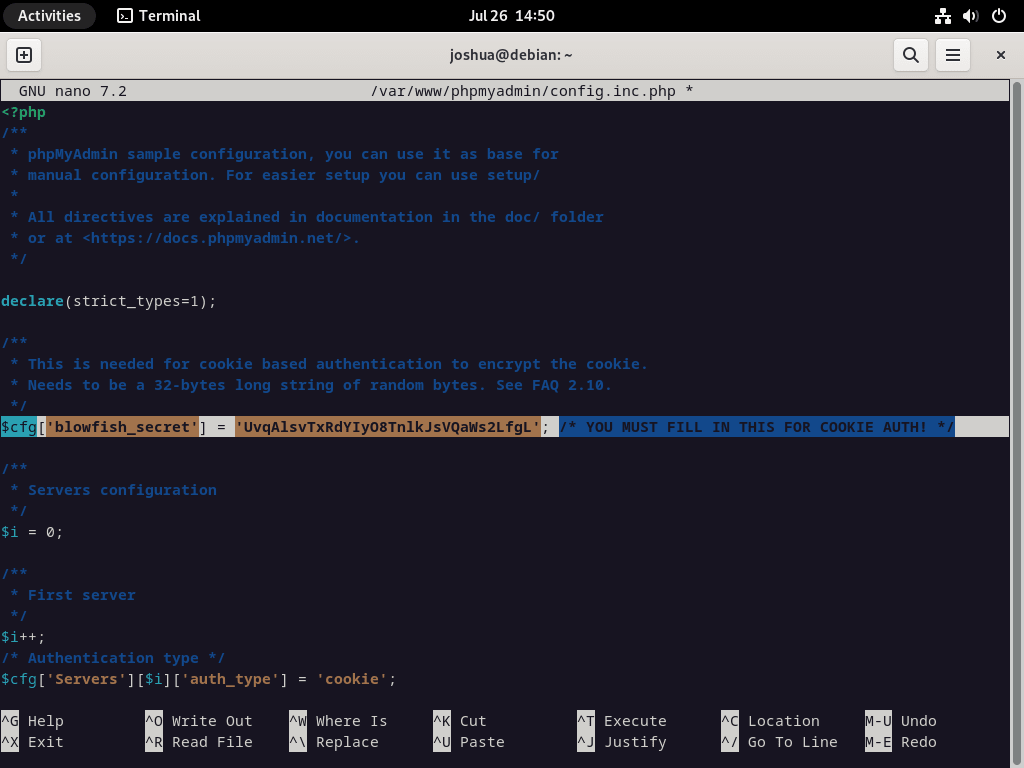 Screenshot of blowfish output in terminal for phpMyAdmin configuration with LEMP on Debian Linux.