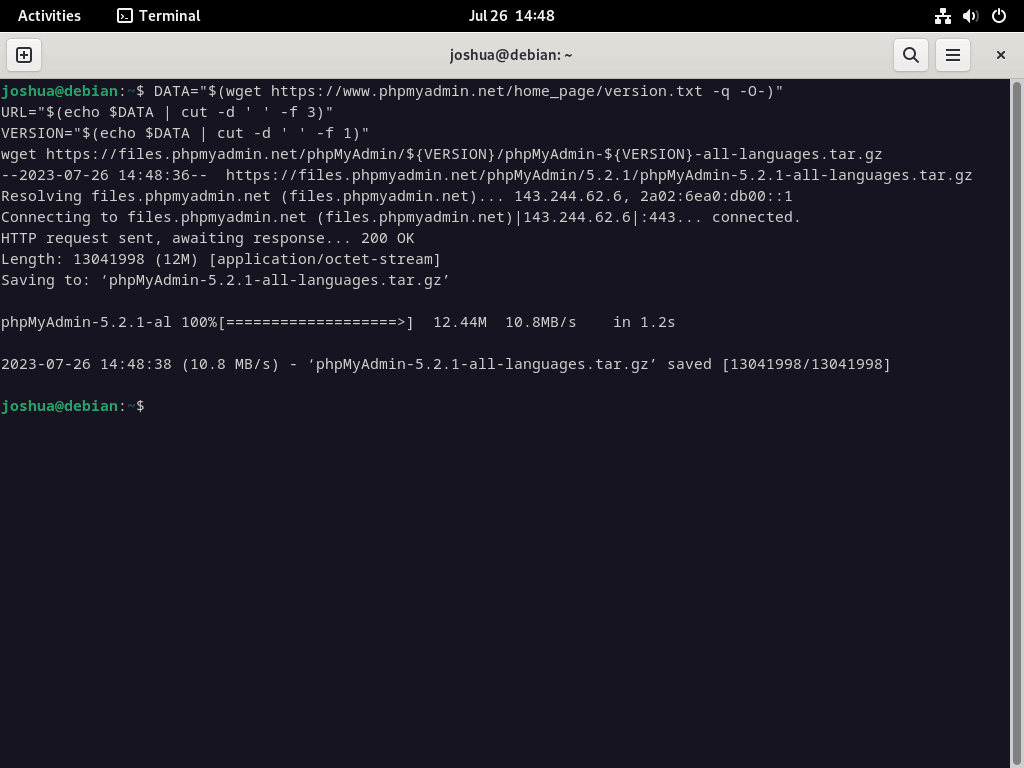 Screenshot of phpMyAdmin download command for LEMP installation on Debian Linux.