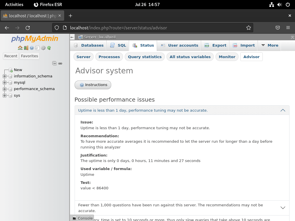 Advisor system screenshot in phpMyAdmin post LEMP installation on Debian Linux.