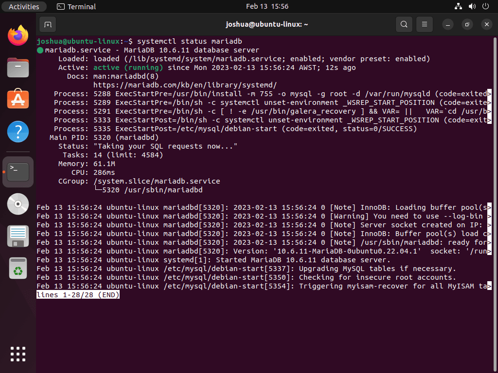 Verifying MariaDB service status for phpMyAdmin on Ubuntu.