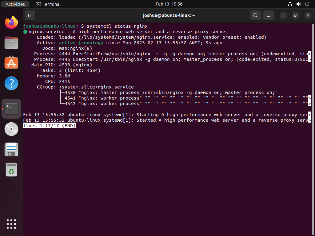 Checking Nginx status for phpMyAdmin installation on Ubuntu.
