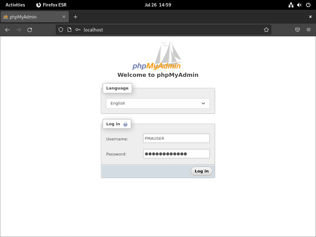 Login screen of phpMyAdmin after LEMP installation on Debian Linux.
