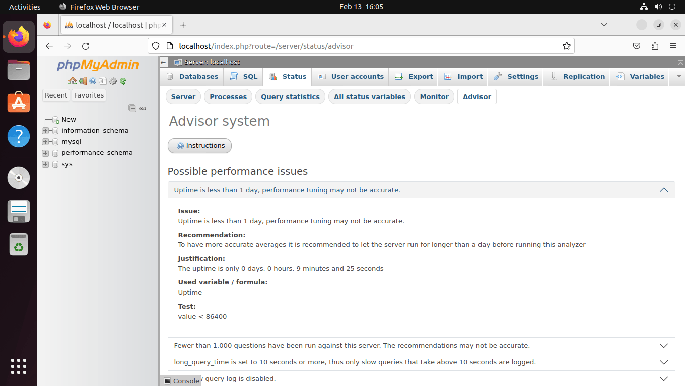 Utilizing phpMyAdmin Advisor System for database optimization on Ubuntu.
