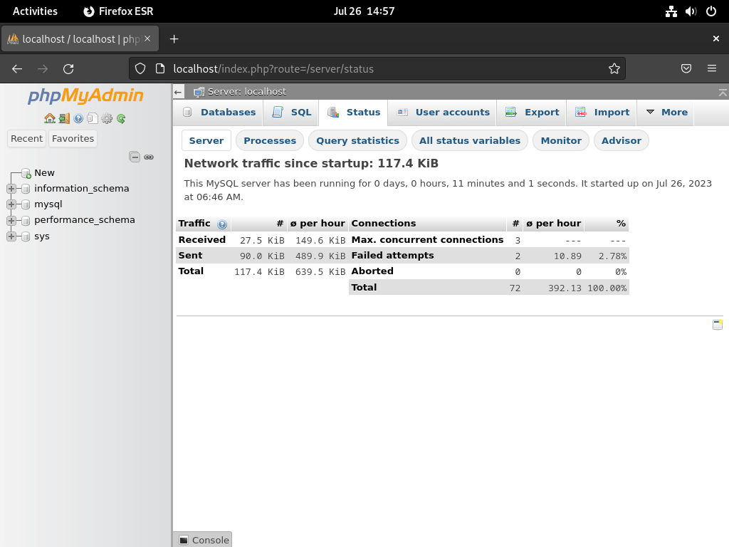 Status page screenshot of phpMyAdmin after LEMP installation on Debian Linux.