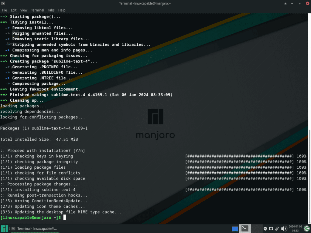 Terminal output showing Sublime Text 4 installation on Manjaro Linux.