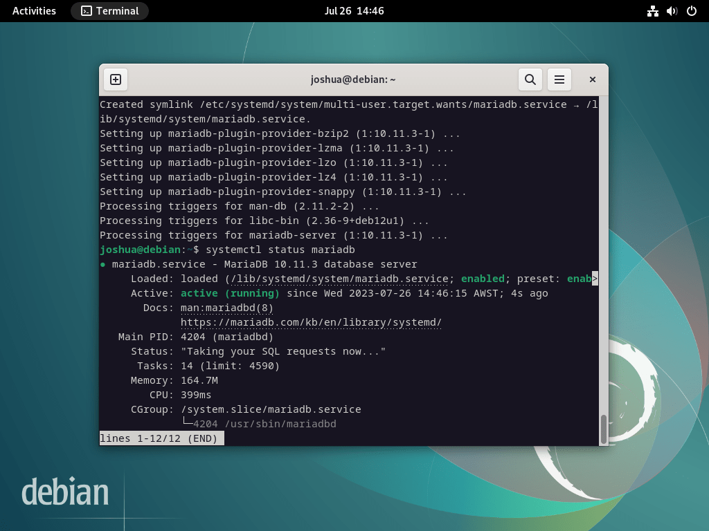 Screenshot of MariaDB service status during phpMyAdmin LEMP installation on Debian Linux.