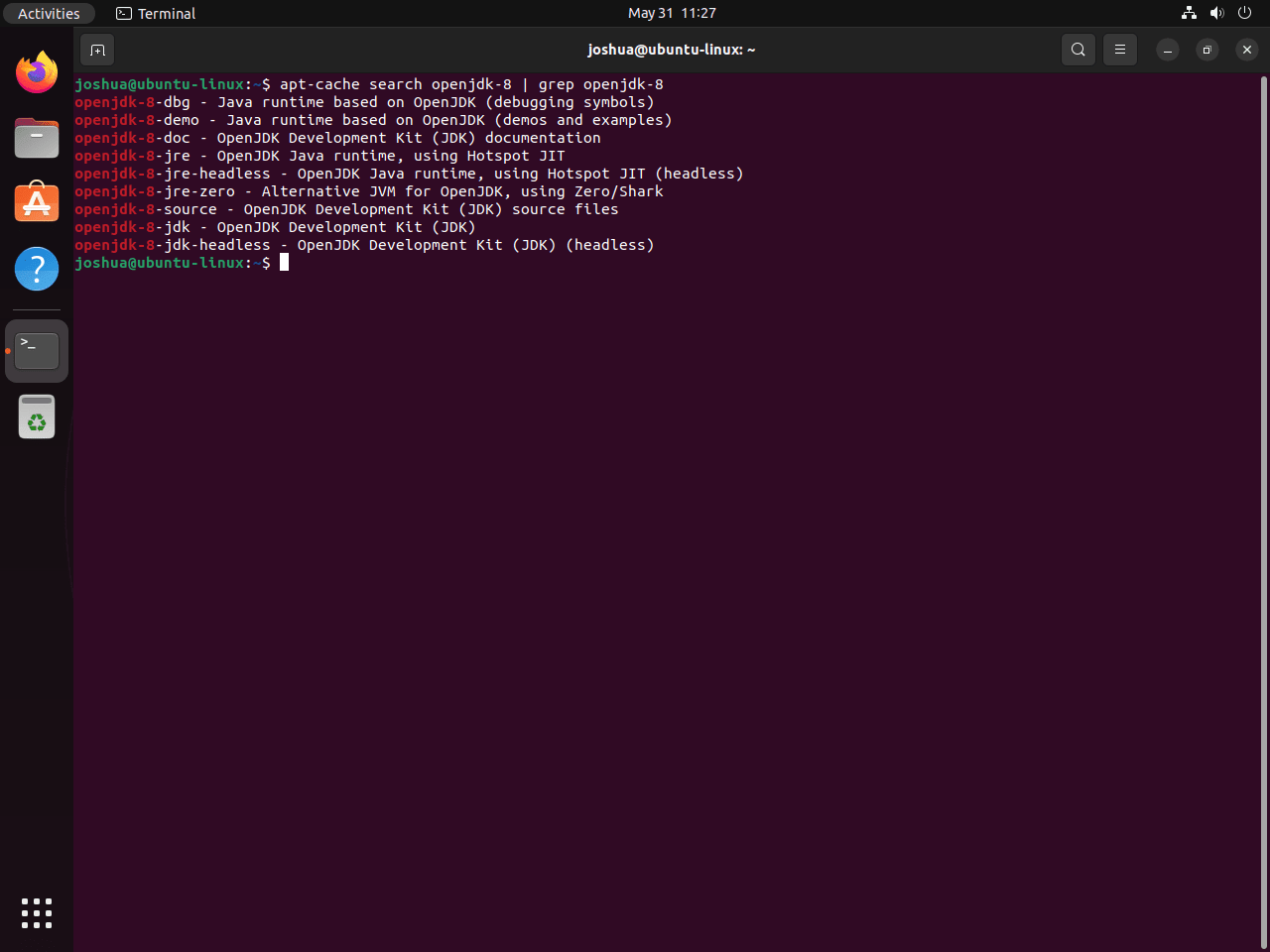 Using apt-cache search to locate OpenJDK 8 packages in Ubuntu.