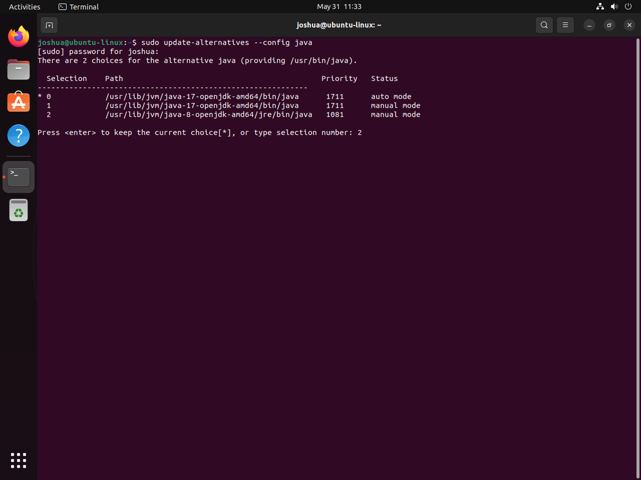 Switching to OpenJDK 8 on Ubuntu using Java alternatives command.